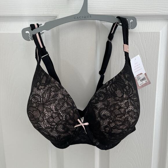 Cacique 42D Bra Lightly Lined Full Coverage Underwire Black Lace Pink Bow NWT - Picture 1 of 4